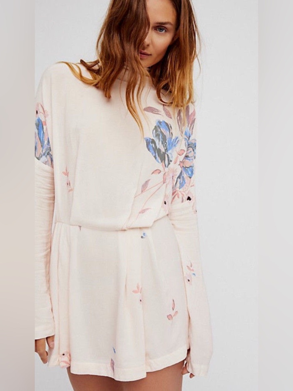 Free People Gemma Ivory Tunic Mini Dress Floral Multi Mock Neck Open Back - Picture 2 of 7